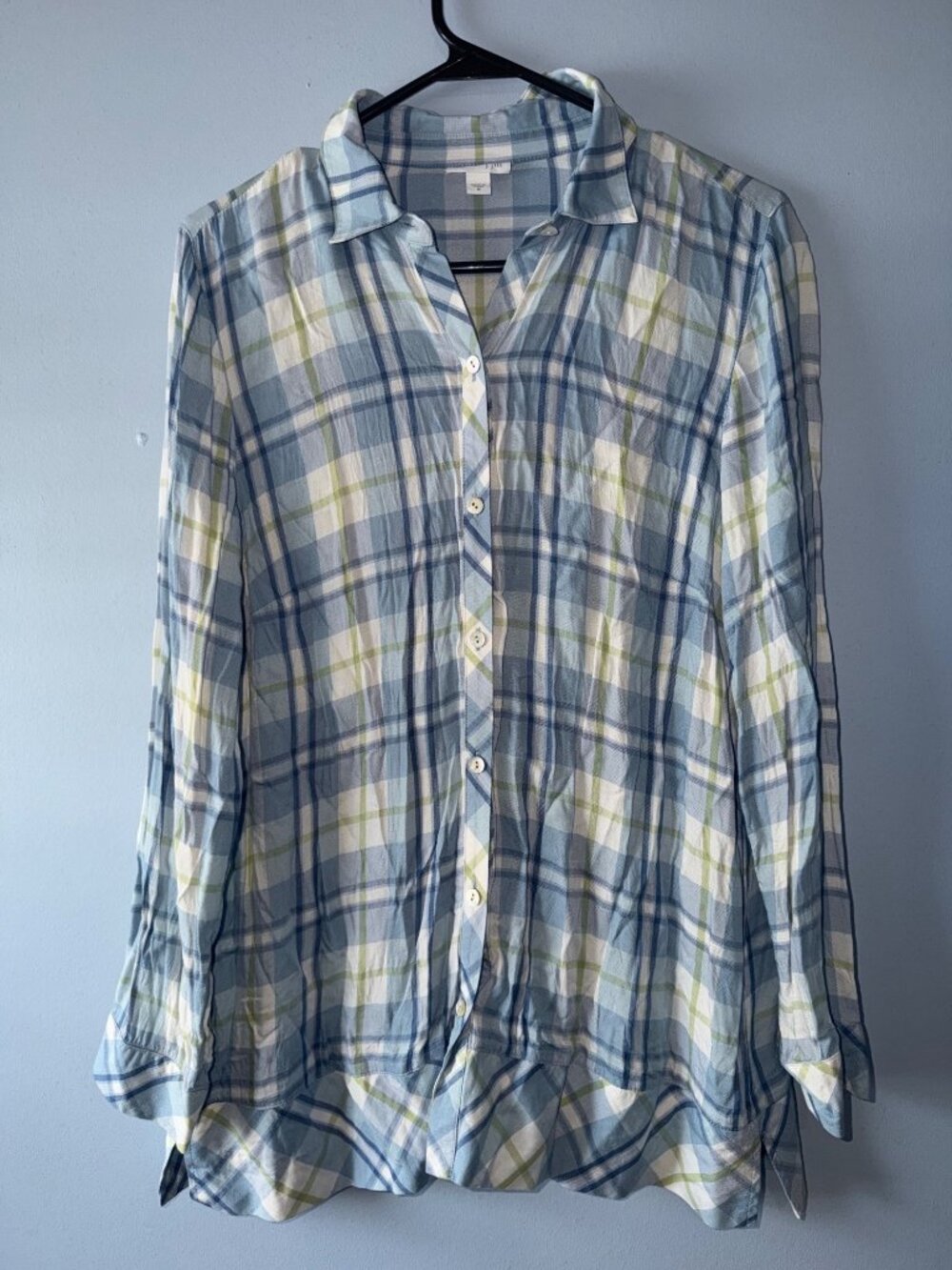 J Jill Tunic Womens Blue Plaid Rayon Long Sleeve Button Front Medium